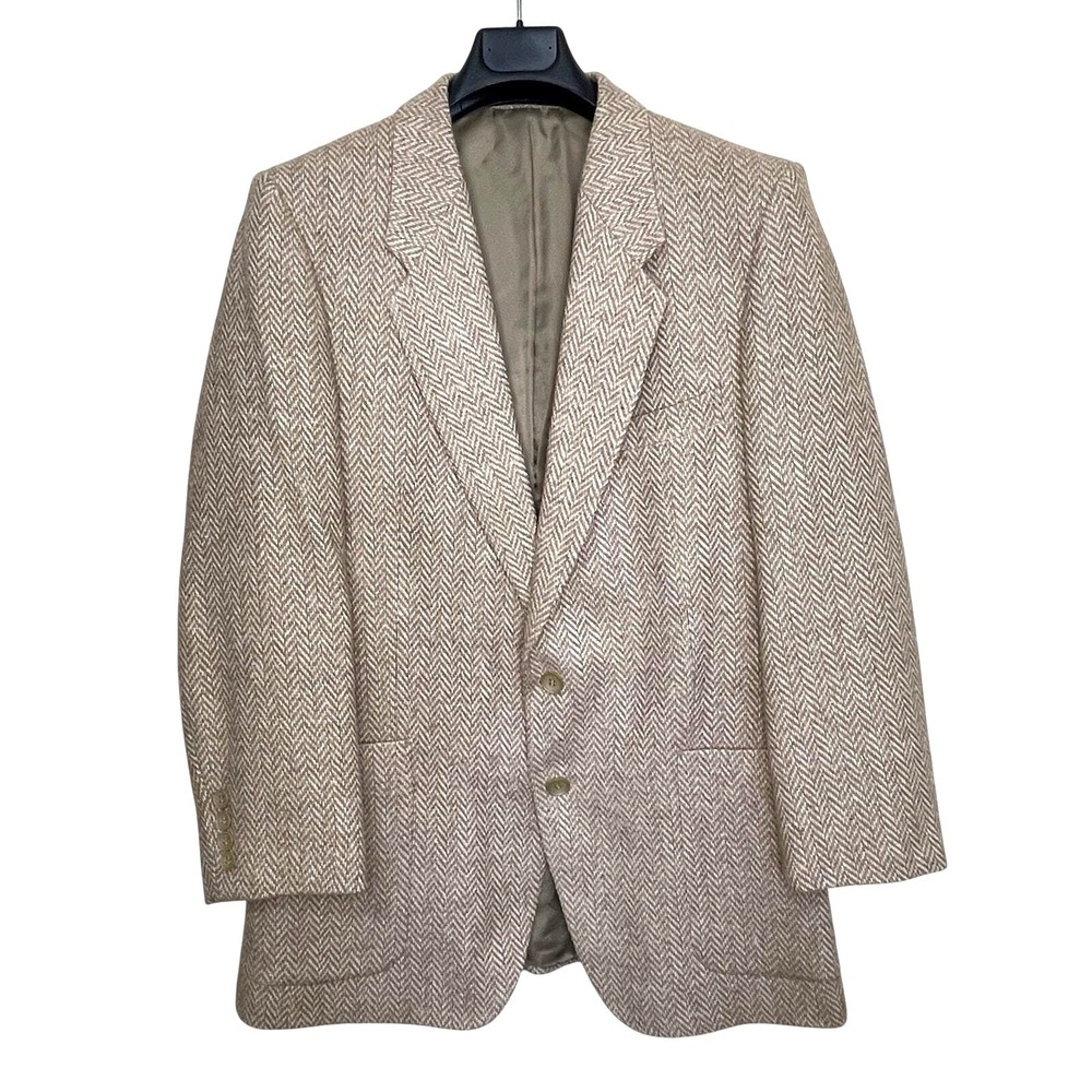 vtg Yves Saint Laurent Blazer Women's L Tan Herringbone Tweed Wool Oversized